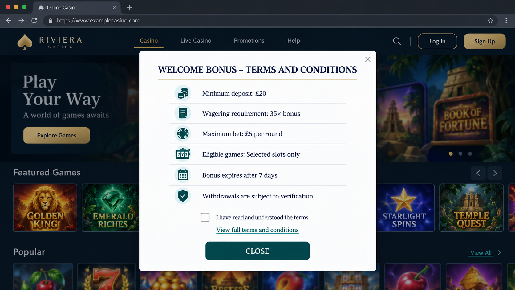 Online casino welcome bonus terms showing wagering requirements and withdrawal conditions