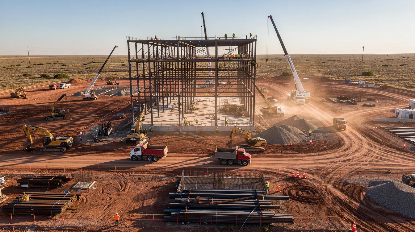 The image depicts a vast industrial construction site in Texas, featuring towering steel structures under construction with heavy machinery actively working on a flat landscape. This scene highlights the growth and investment in the Texas construction industry, reflecting current trends and the demand for skilled trades in the next decade.
