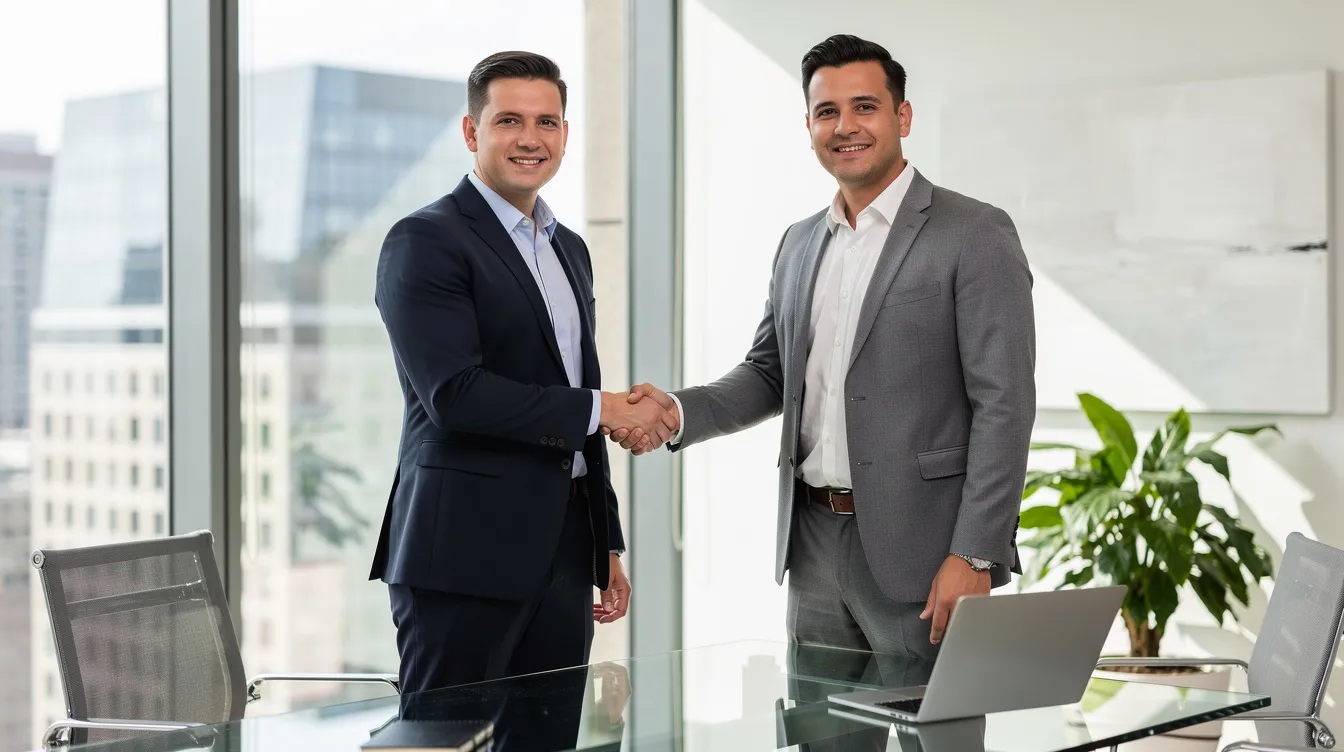 The image depicts two business professionals engaged in a handshake within a modern office environment, symbolizing a successful franchise agreement. This moment reflects their commitment to exploring a franchise opportunity, highlighting the importance of collaboration in the franchise industry.