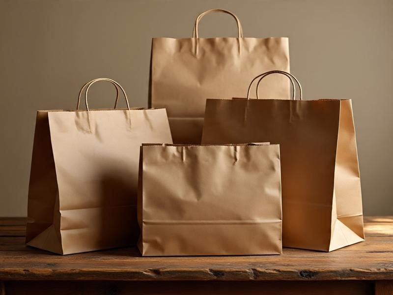 An image showing four brown paper bags with handles, placed on a wooden table against a plain background.
