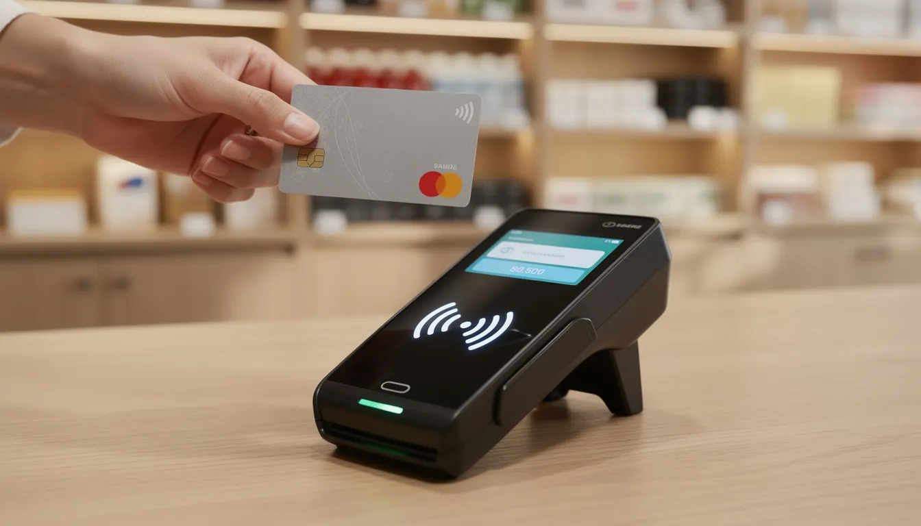 The image depicts a contactless card payment terminal placed on a counter in a retail shop, showcasing a modern payment solution for customers. This terminal is designed to facilitate secure transactions, enabling small business owners to efficiently manage their sales and monitor crucial business information through the worldpay dashboard mobile app.