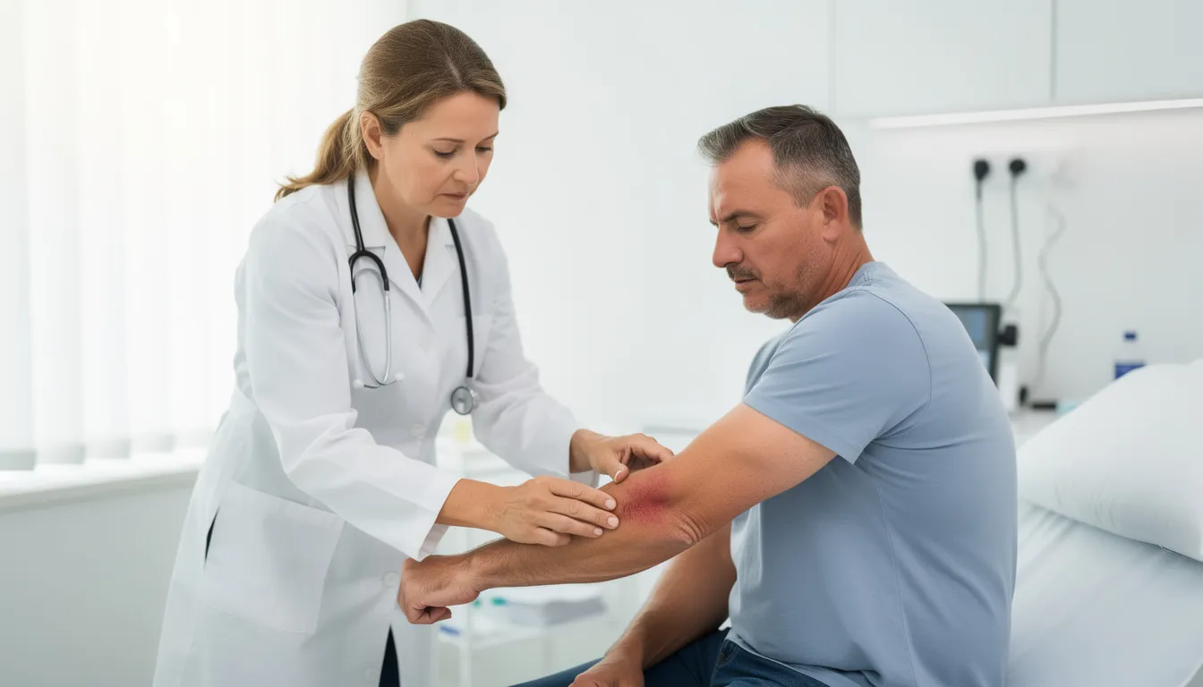 A medical professional is carefully examining a patient's arm, likely assessing for any work-related injuries that may require medical treatment. This interaction is crucial for the injured worker to navigate the workers compensation claim process and ensure they receive the necessary benefits for their recovery.