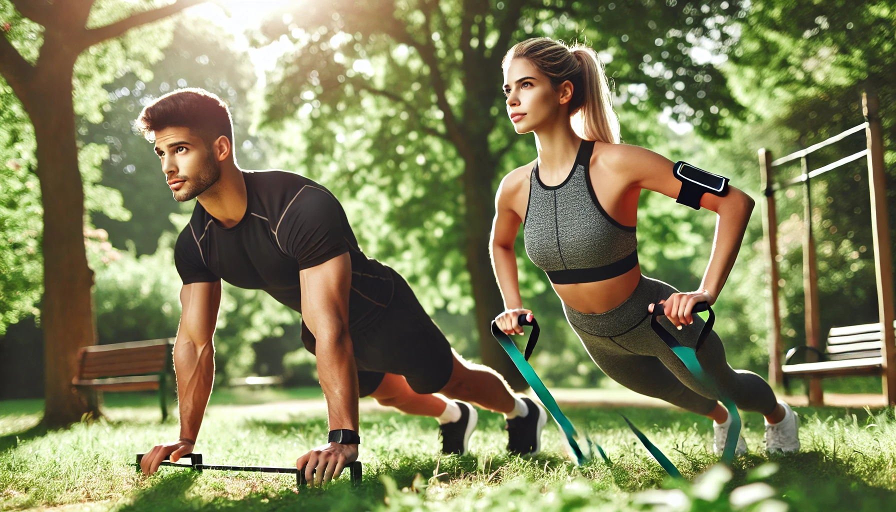 A fit couple exercising outdoors in a park.