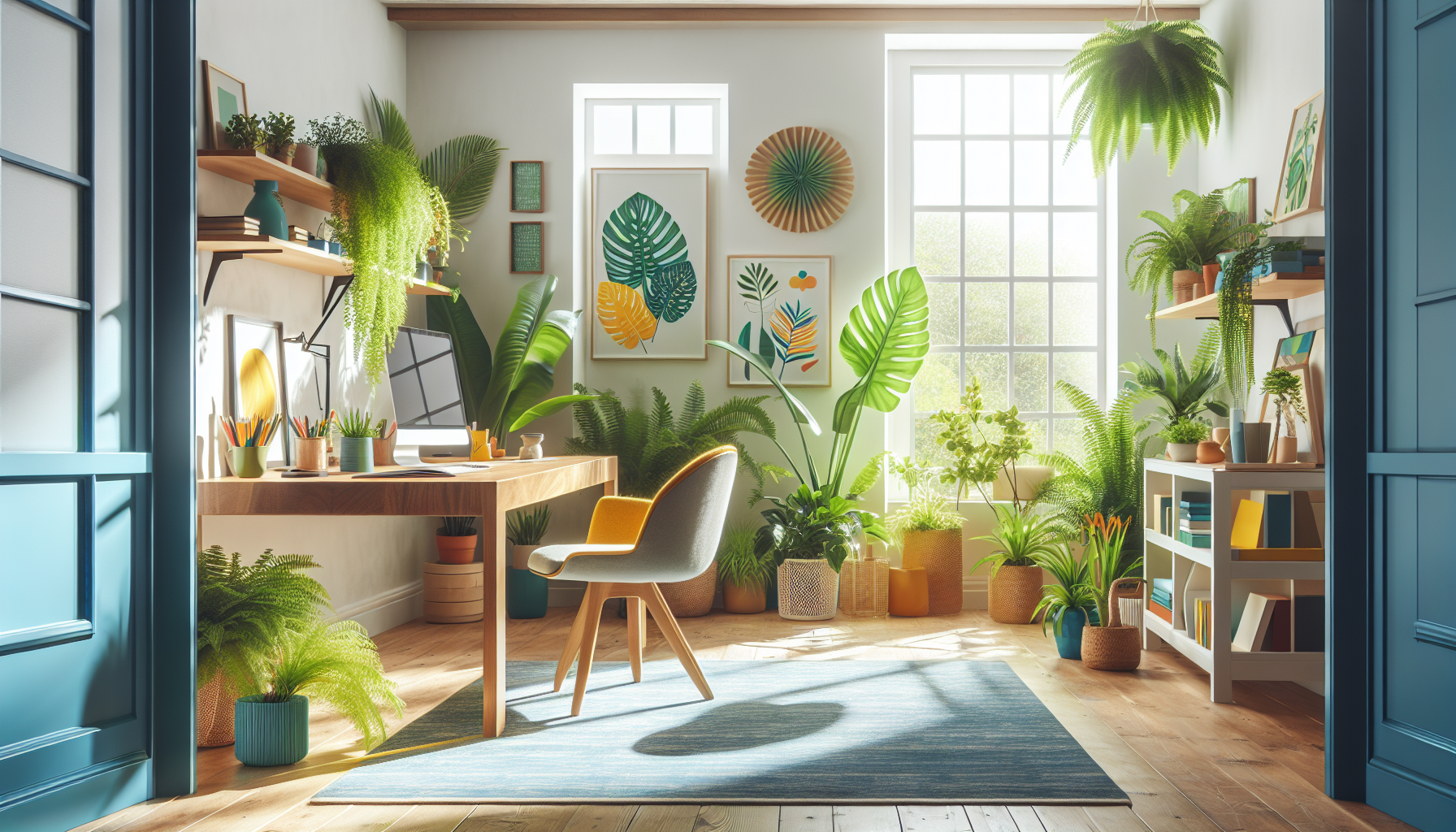 Home office with natural light, plants, and vibrant decor