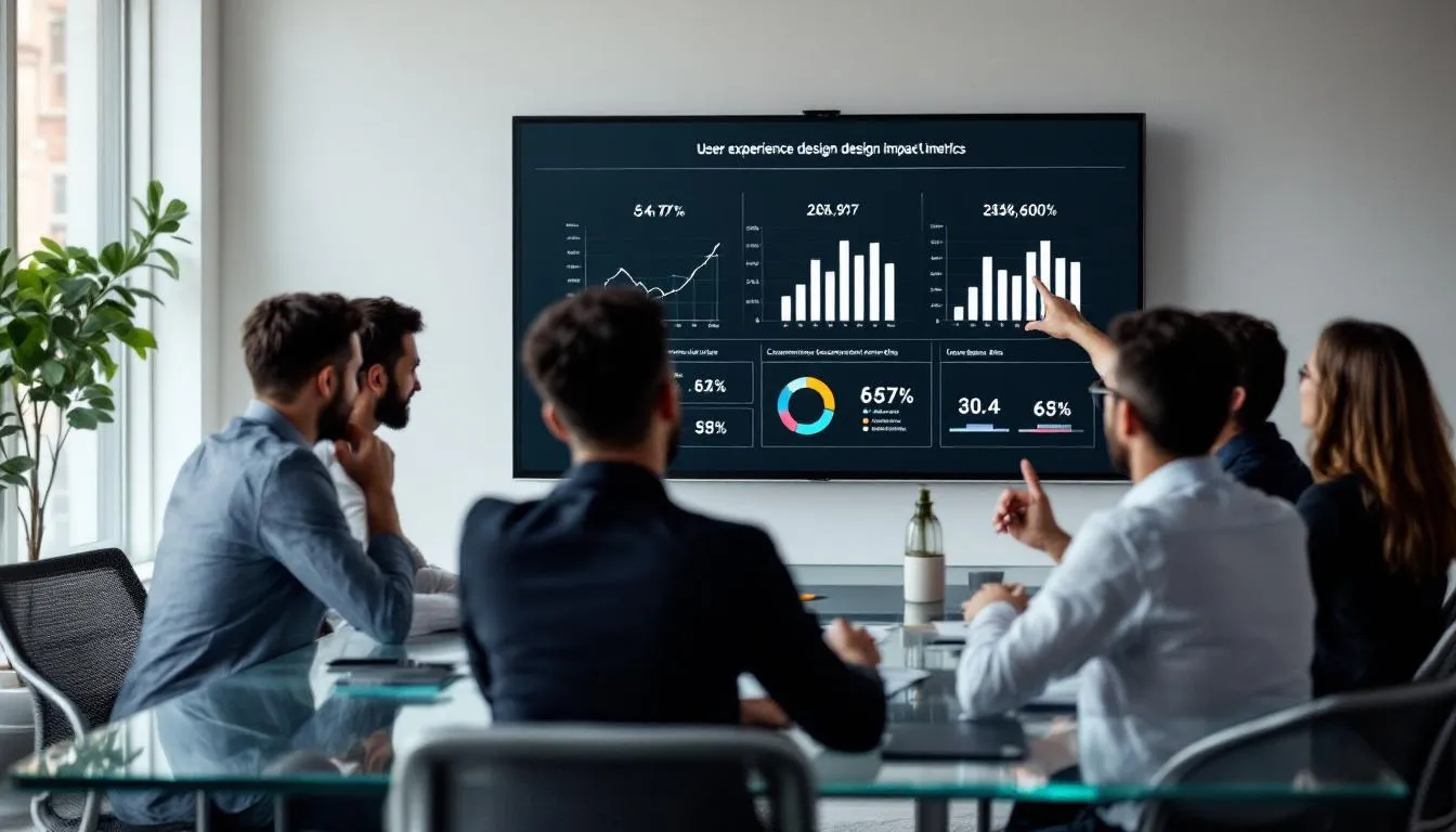 In a business meeting, a group of professionals discusses the impact metrics of user experience design, showcasing charts that highlight conversion improvements and user flow enhancements. The presentation emphasizes the importance of a user-friendly interface and effective interaction design in achieving optimal user satisfaction and engagement.