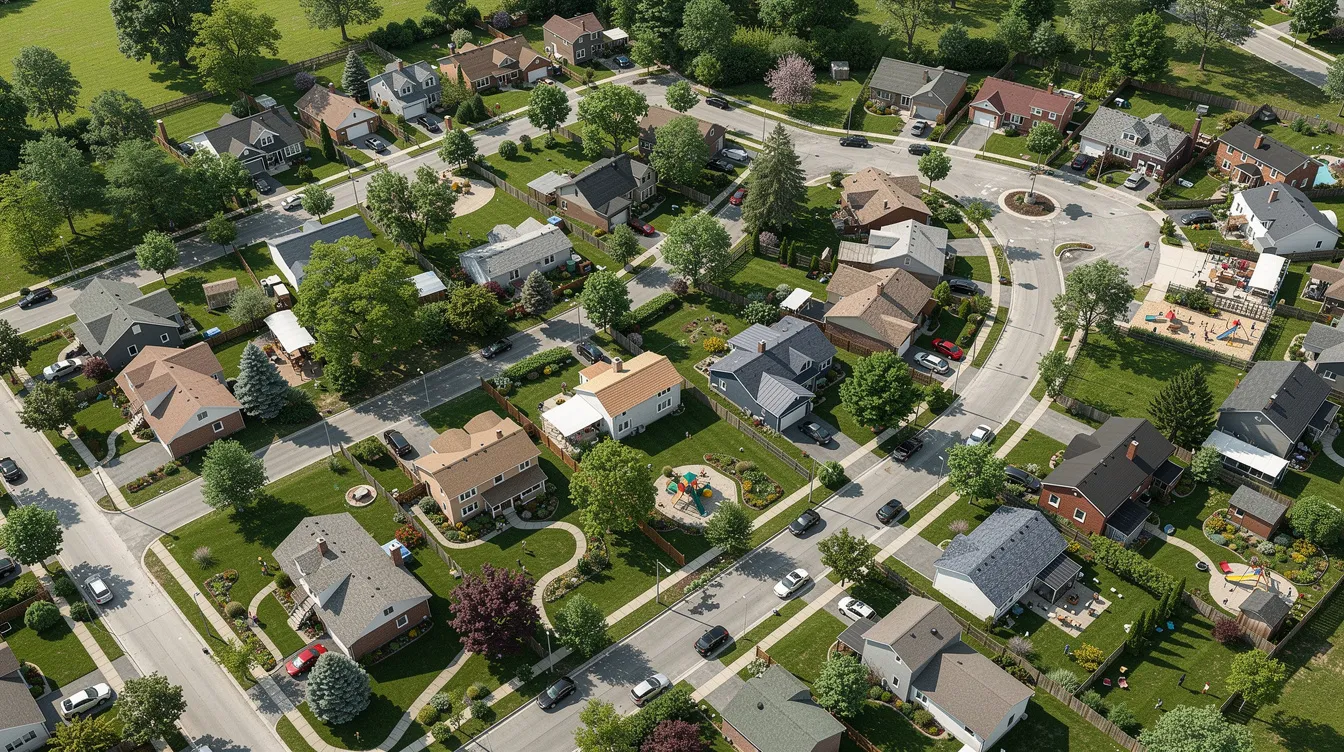 A satellite view captures a vibrant multicultural neighborhood filled with a mix of houses and green spaces, showcasing the essence of a suburban community. This diverse setting reflects the lives of Canadian households, where residents enjoy a stable internet connection for services like IPTV Canada, offering access to both local and international channels.