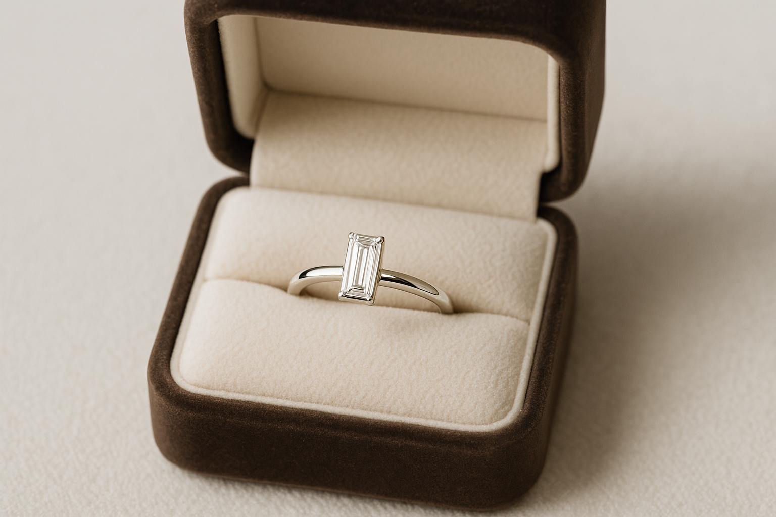 Atvira juvelyrinė dėžutė su sužadėtuvių žiedu baltame aukse ir baguette formos deimantu.