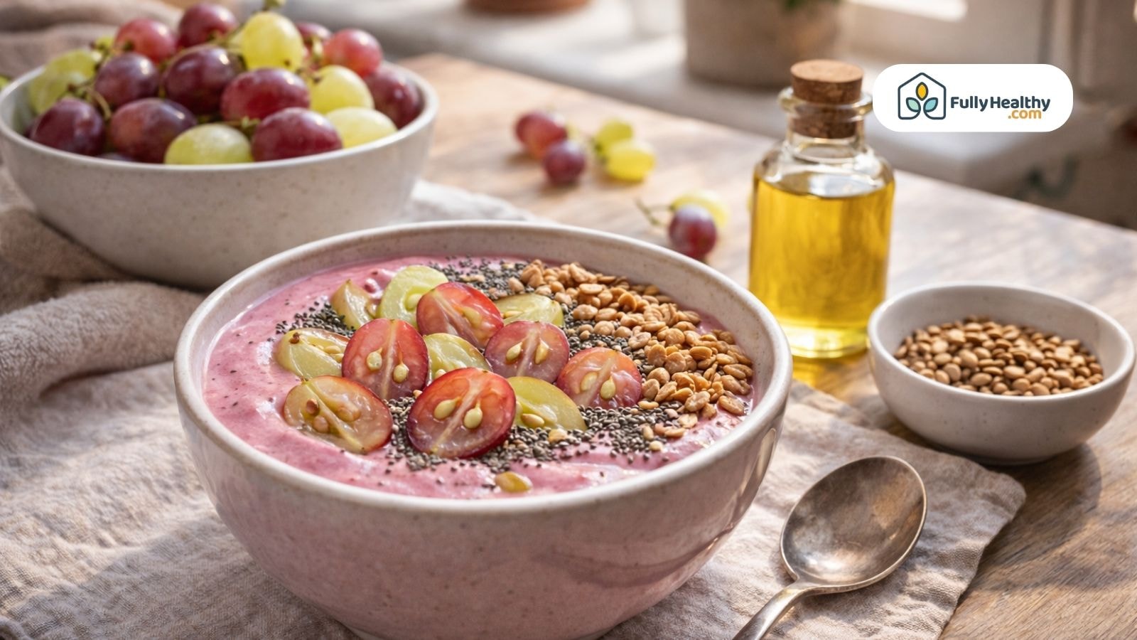 Smoothie bowl topped with sliced grapes chia seeds and grape oil