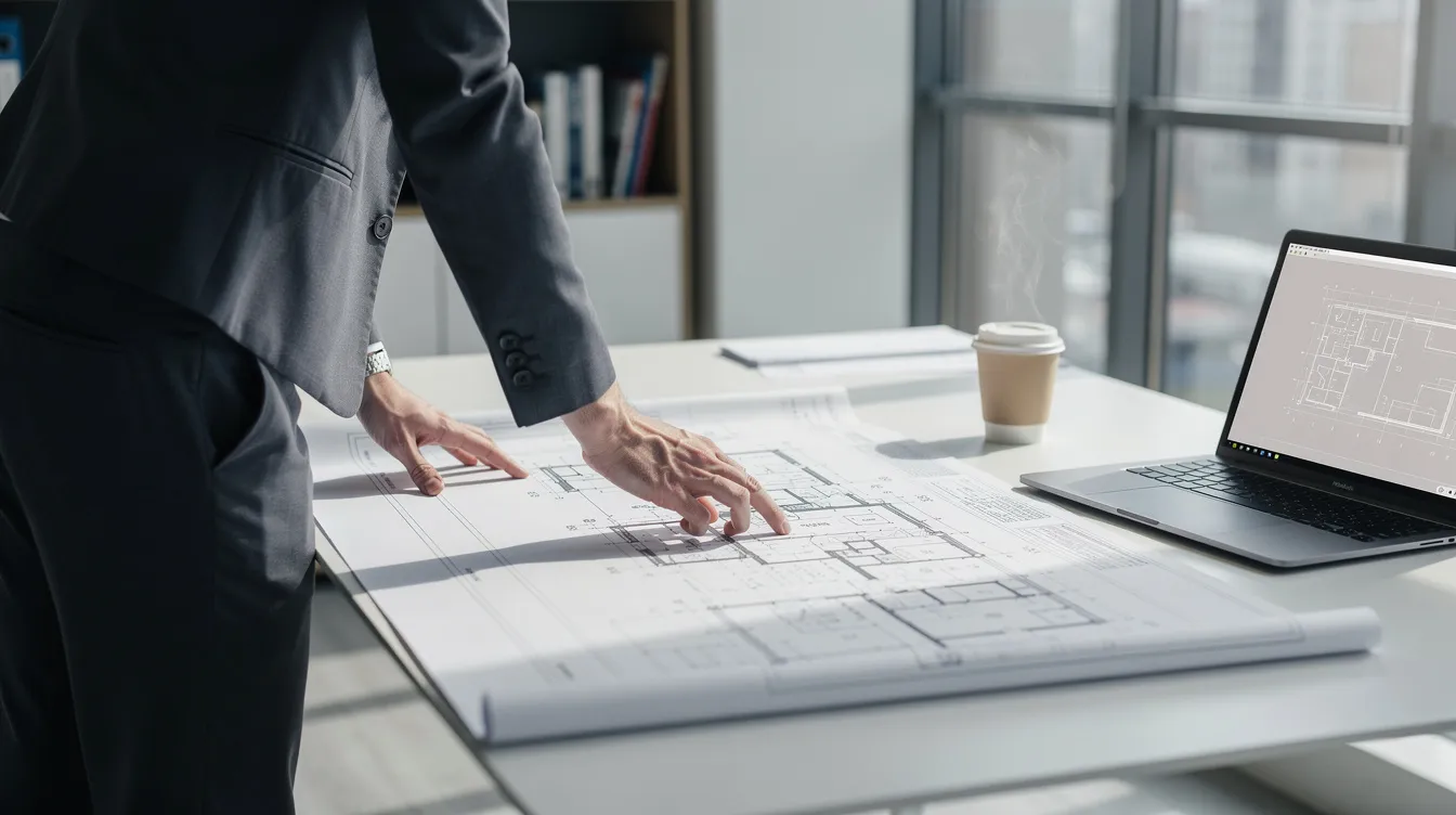 A person dressed in work clothes is focused on reviewing architectural blueprints laid out on a desk, with a laptop and a cup of coffee nearby, suggesting a setting for real estate professionals involved in construction or investment properties. This scene reflects the meticulous planning often required by real estate investors and hard money lenders in Jacksonville, FL.