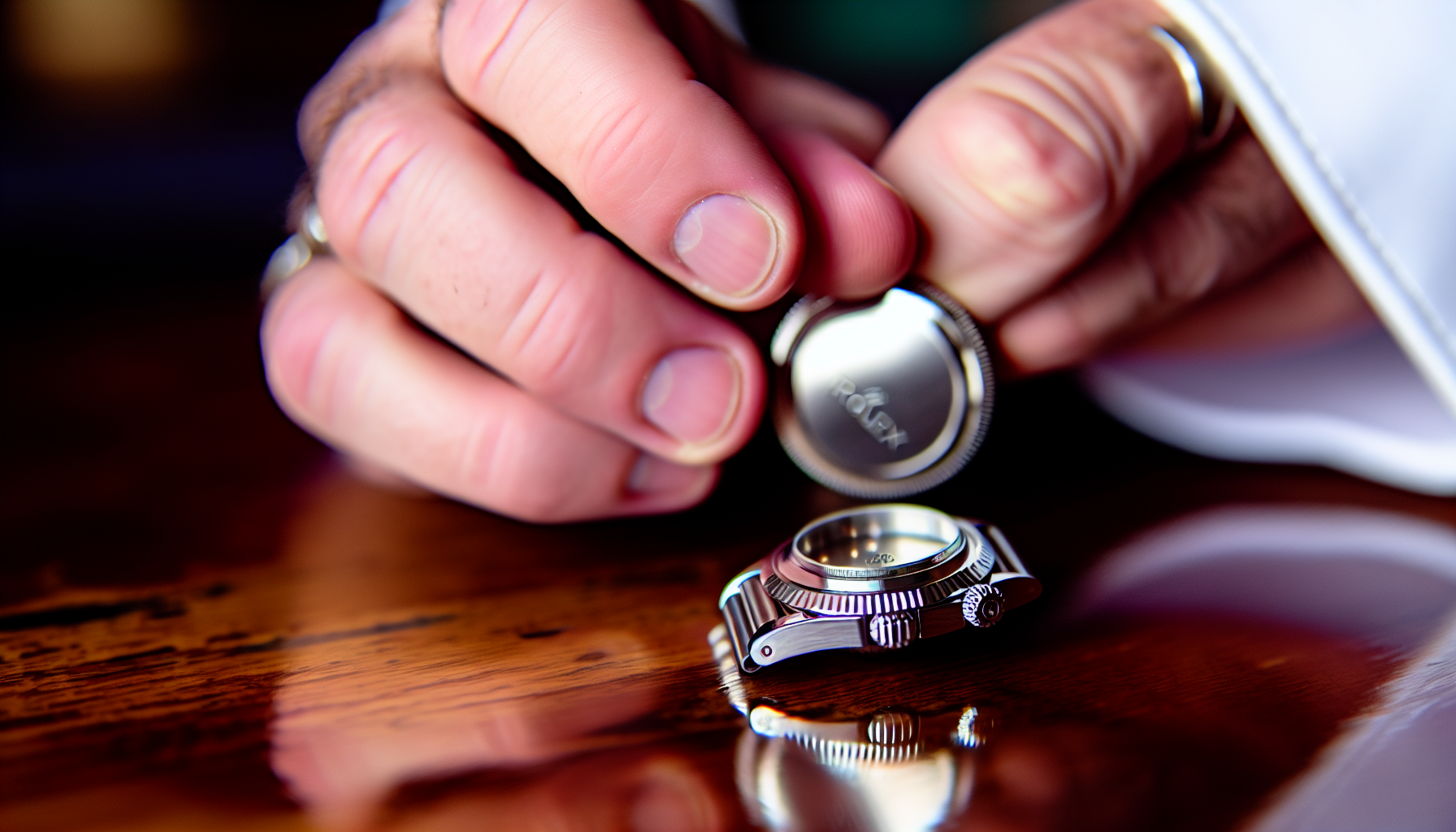 Close-up of a person manually winding a Rolex watch