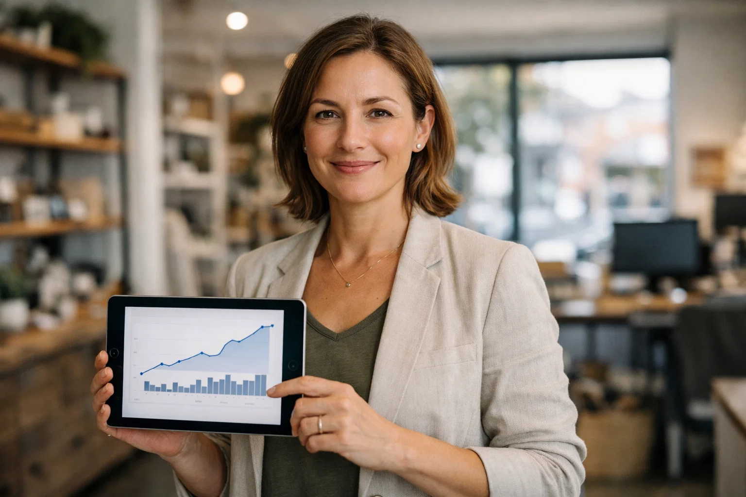 Small business owner reviewing social media growth metrics on tablet in bright office setting