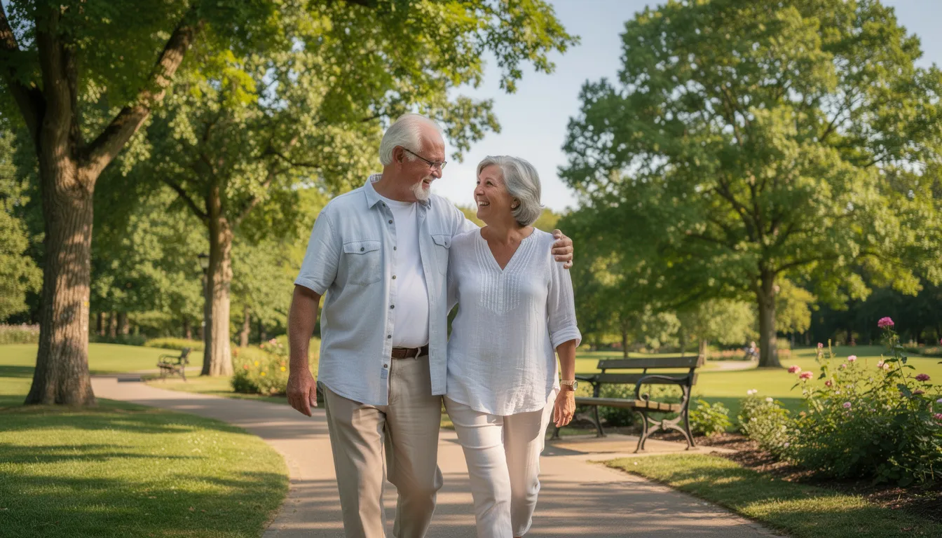 An older couple strolls hand in hand along a sunlit path in a park, engaged in lively conversation and enjoying the benefits of outdoor physical activity. Their time together reflects the importance of maintaining an active lifestyle, which can support metabolic health and improve overall well-being as they age.