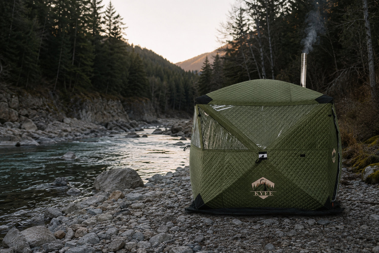 A wood-fired portable sauna tent is set up in a serene forested clearing, with smoke rising from its chimney at dusk, creating a cozy and inviting atmosphere for relaxation and wellness. This outdoor sauna offers a rustic charm and a dedicated wellness space, perfect for easing muscle tension and enjoying the benefits of heat therapy in a natural setting.