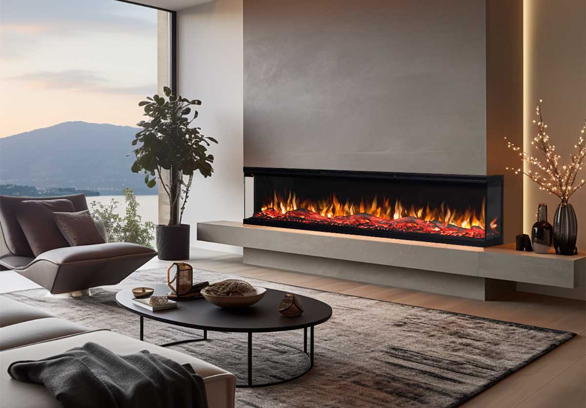 A luxurious panoramic fireplace showcasing flames and warmth.