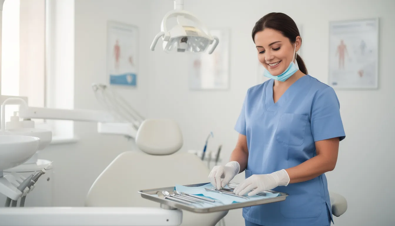 A friendly dental hygienist is smiling as she prepares a treatment room for a patient, creating a welcoming atmosphere that prioritizes patient comfort and optimal oral health. The professional environment reflects the commitment of the experienced team to provide personalized care and a positive experience for all patients.
