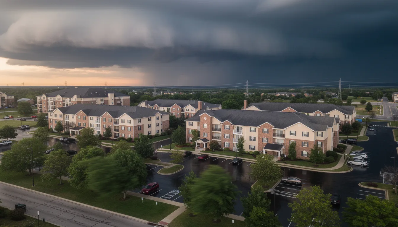 An aerial view captures dark storm clouds looming over a suburban apartment complex surrounded by trees, suggesting an impending storm that could potentially lead to property damage. The scene highlights the importance of fire damage restoration services for property owners and managers, especially in areas prone to severe weather events.