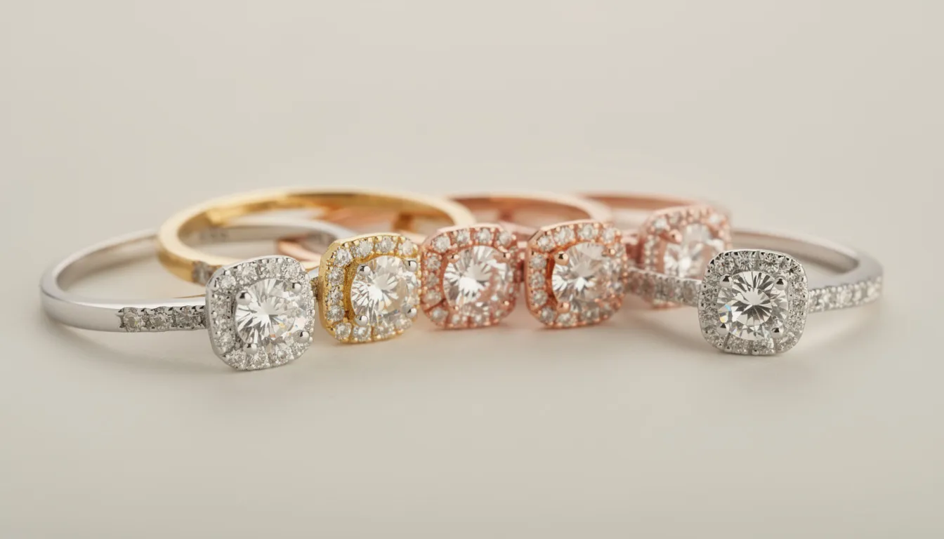The image showcases a beautiful collection of cubic zirconia rings available in various metal options, including sterling silver, yellow gold, rose gold, and white gold. Each ring features a stunning design, highlighting the brilliance of the cubic zirconia stones, making them perfect for both modern and classic styles.