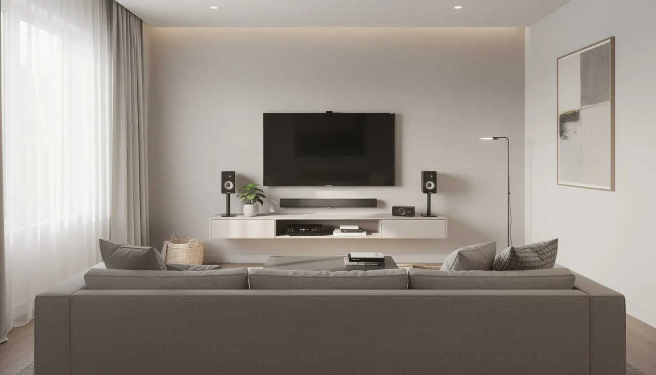 The image depicts a modern living room featuring a wall-mounted TV and a neatly arranged entertainment setup, perfect for enjoying quality time at home. This stylish space could benefit from professional DSTV installation services, ensuring the best reception and viewing experience for clients in Mossel Bay.