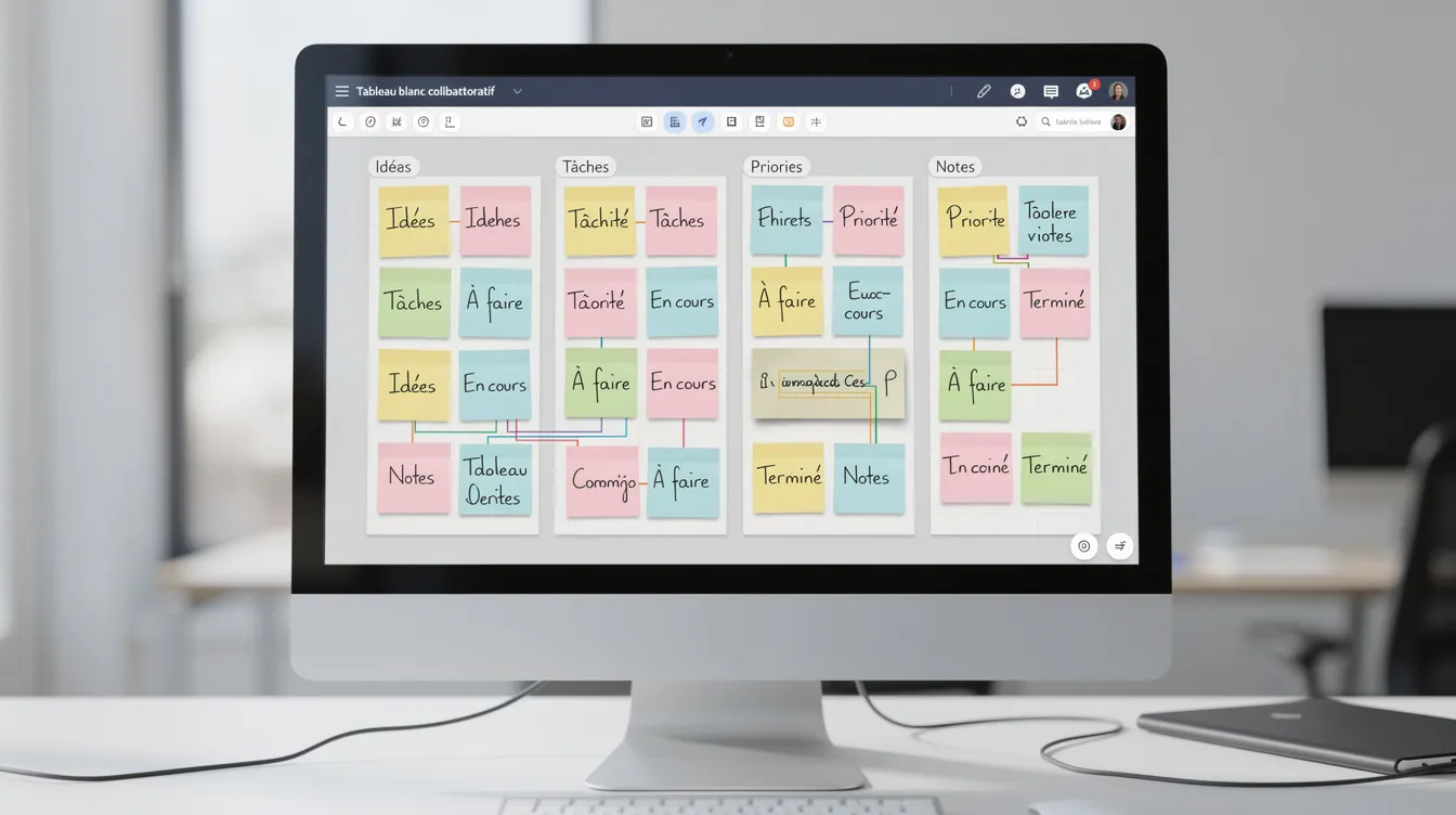 L'image montre un écran d'ordinateur affichant un tableau blanc virtuel collaboratif, rempli de post-its colorés, symbolisant l'intelligence collective en entreprise. Cet environnement favorise la créativité et la collaboration au sein d'une équipe, permettant ainsi une réflexion collective sur des idées et des solutions.