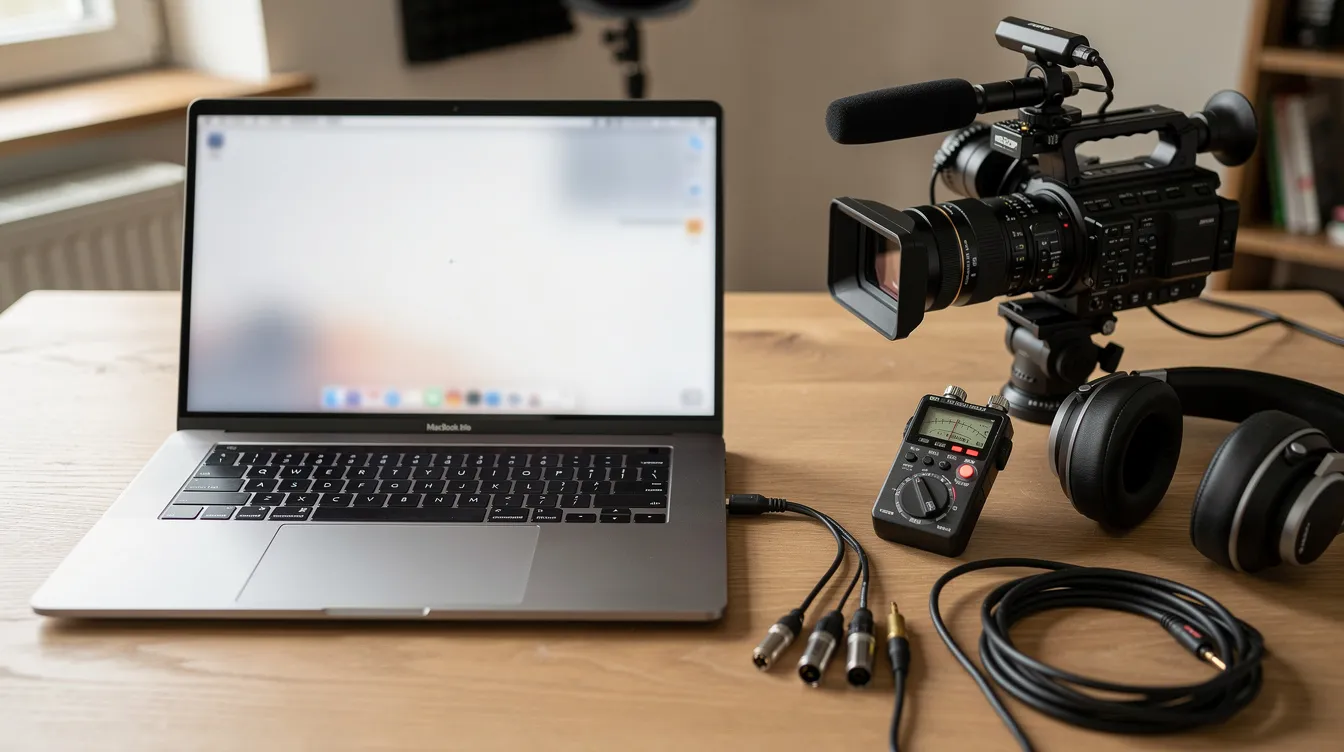 The image shows a laptop computer placed on a desk, accompanied by a video camera and audio recording equipment, creating an ideal setup for video editors and developers. This workspace is perfect for using timecode calculator software to manage timecode values and perform basic calculations related to video editing.