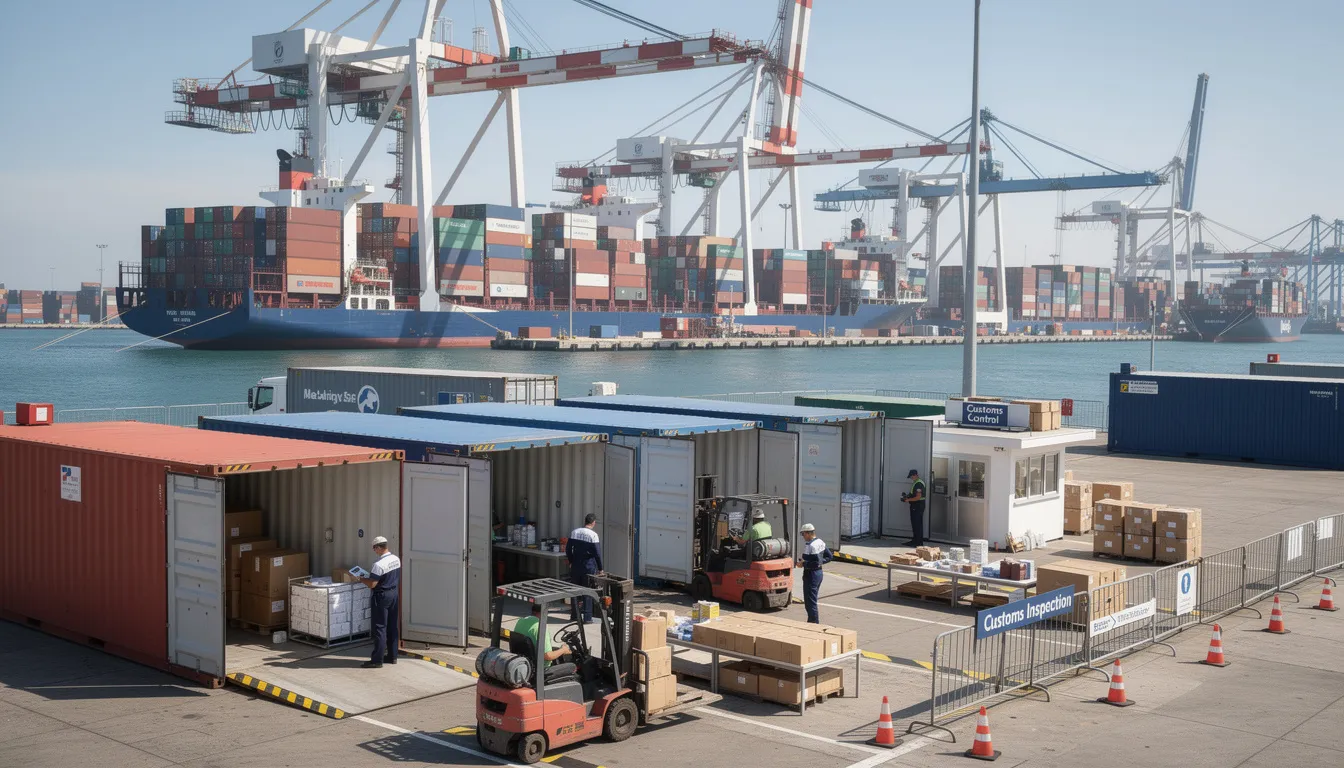 The image depicts a busy port filled with international shipping containers, with customs inspection areas prominently visible in the foreground, where customs officials ensure smooth customs clearance and proper classification of goods. The scene highlights the importance of accurate HS codes and compliance with international trade regulations for efficient processing of shipments.