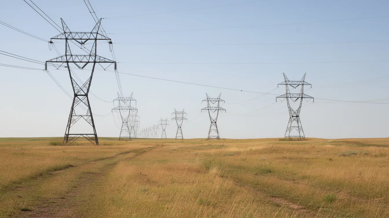 A wide landscape photograph showcases high-voltage electrical transmission lines stretching across open prairie terrain, set against a clear blue sky. This image reflects the essential infrastructure that supports data center development and energy procurement for the digital economy.