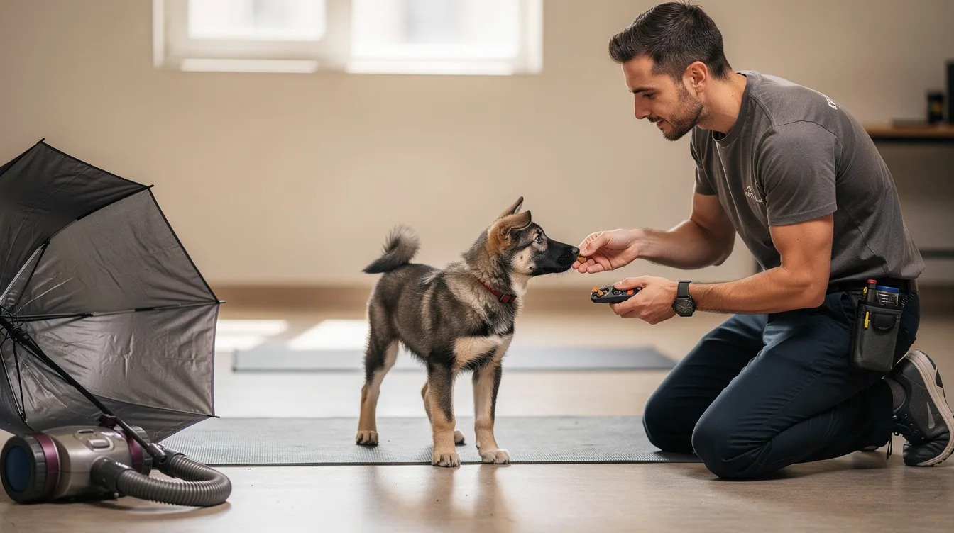 The image depicts a professional dog trainer working with a new puppy in a calm environment, focusing on positive reinforcement techniques to help the pup navigate its first fear period. The trainer uses treats and gentle encouragement to create a safe space for the puppy, showcasing the importance of early socialization and understanding fearful body language in managing puppy development.
