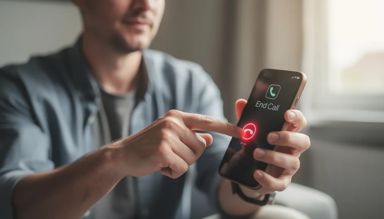 A person confidently presses the end call button on their smartphone, symbolizing the importance of taking immediate action to protect oneself from potential scams, such as crypto ATM scams. This image serves as a reminder for consumers to stay informed and vigilant against fraudulent transactions involving digital assets.
