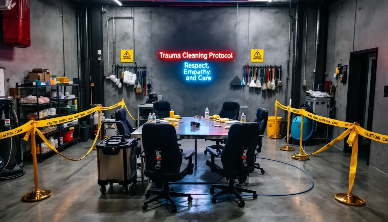 A safety gear setup for trauma cleaning.