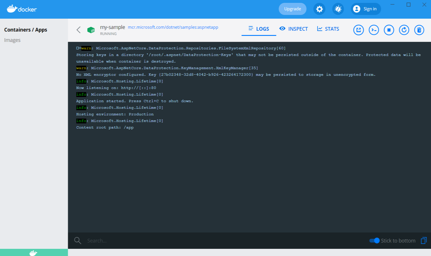 Registros de log de un contenedor Docker.