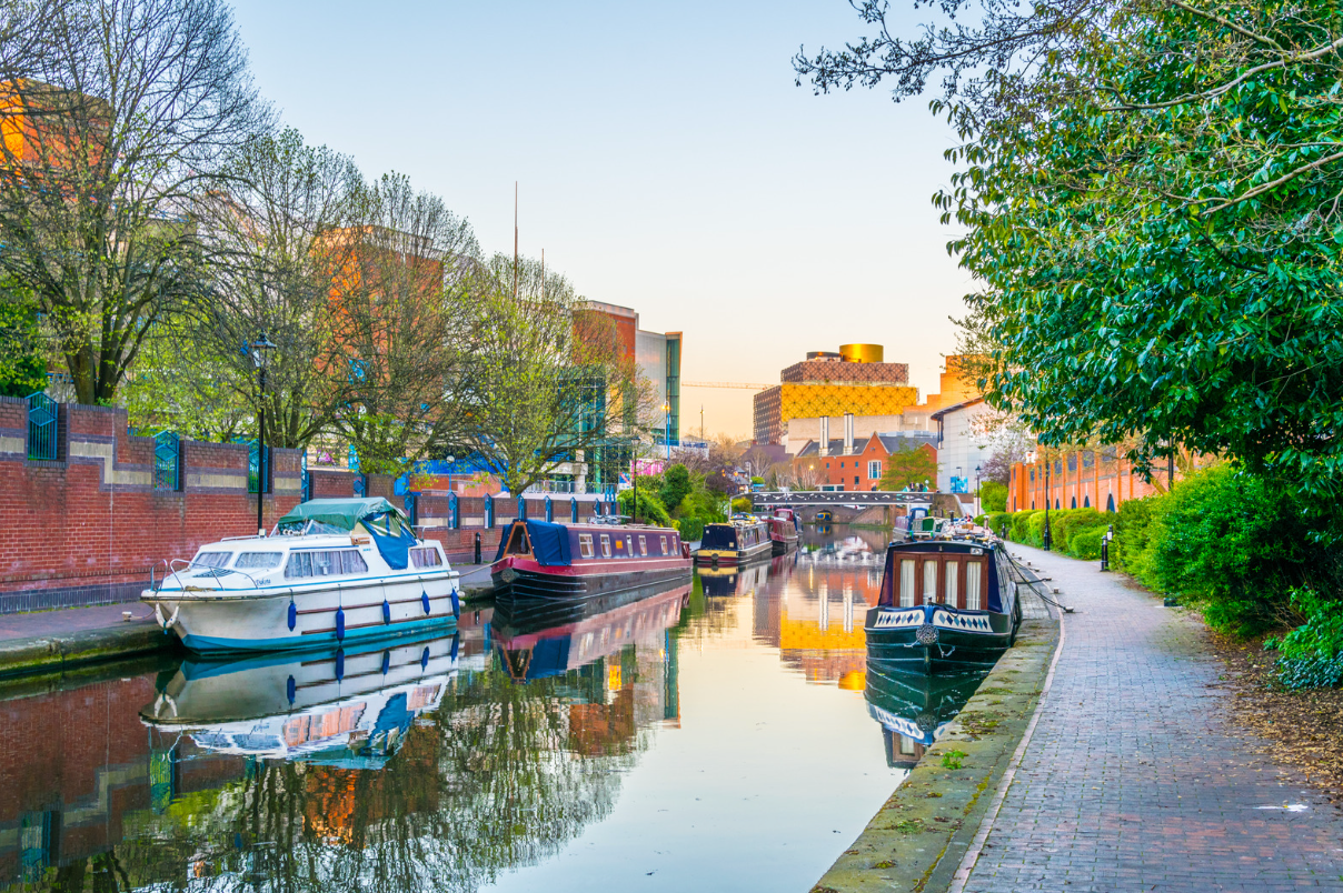 Canal with docked boats in Birmingham