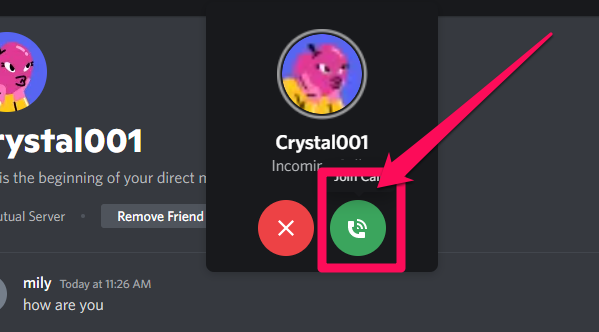 Picture illustrating the Join Call button on Discord