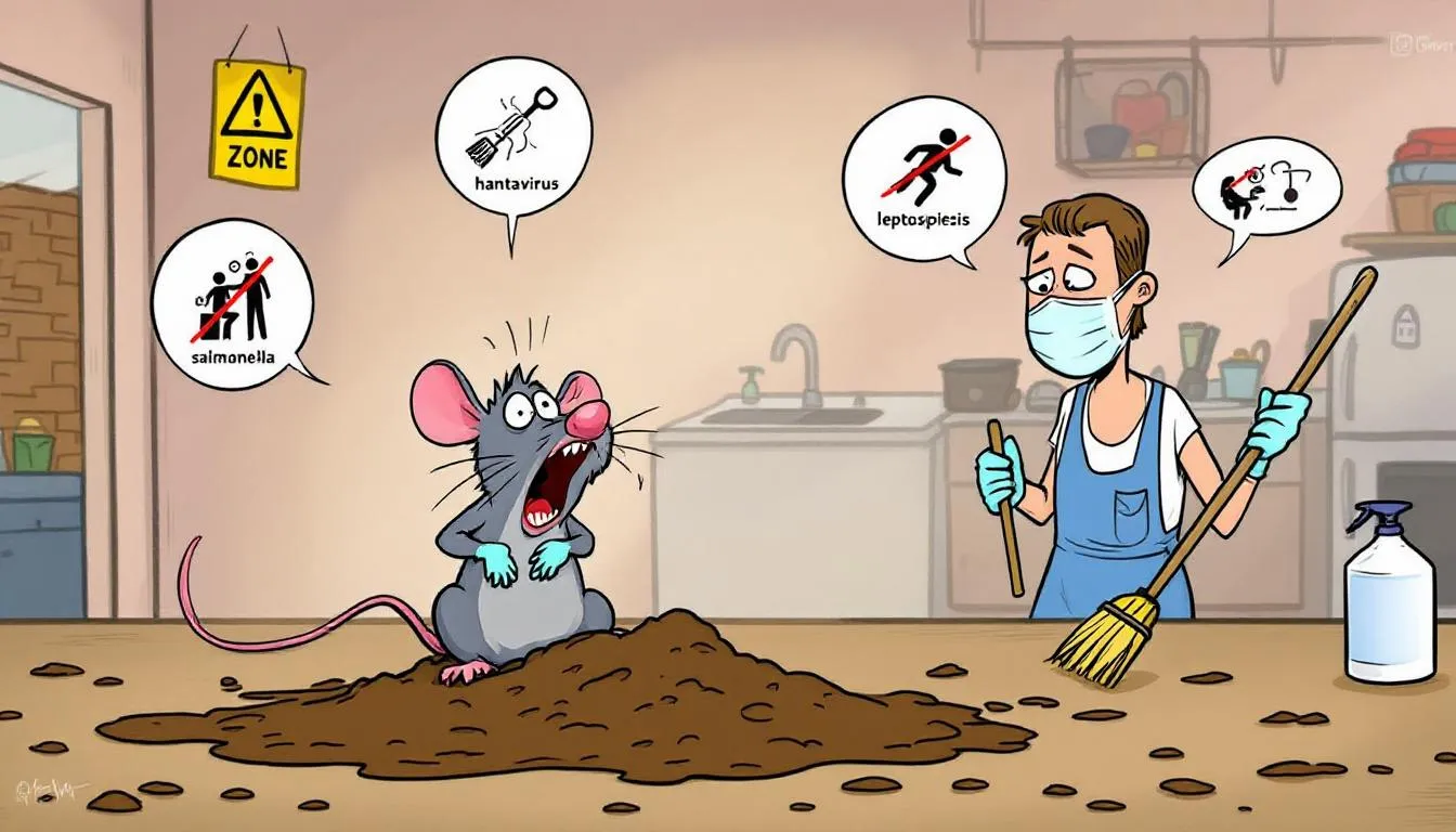 A visual representation of the health risks associated with rat droppings, including potential diseases.