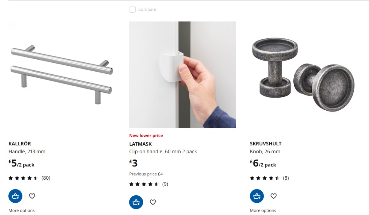 IKEA webpage screen shot showing bathroom knobs and handles 