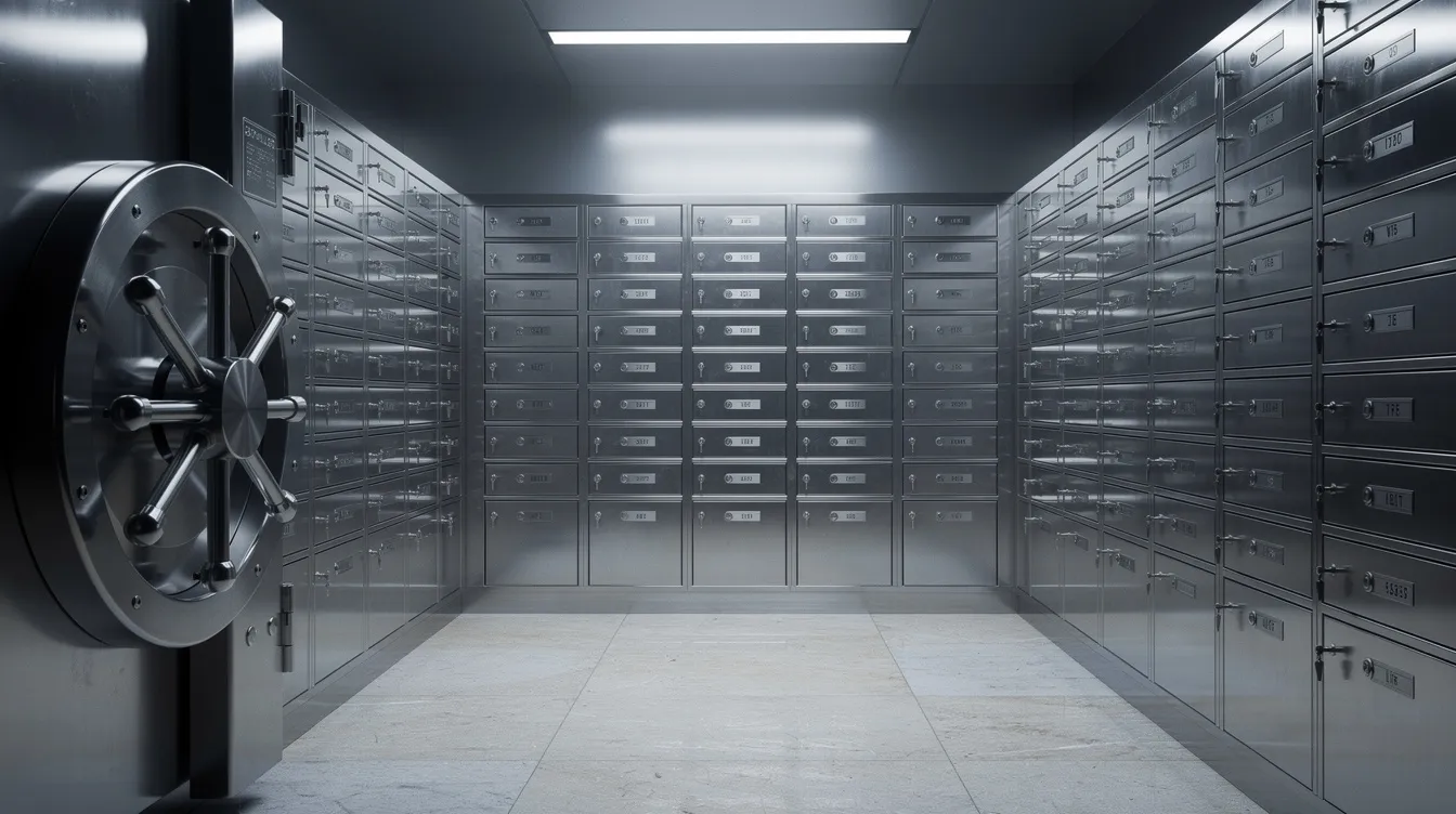 The image depicts the interior of a secure bank vault, featuring rows of safety deposit boxes that house various precious metals, including gold and silver coins. This setting emphasizes the importance of safeguarding tangible assets, such as those offered by American Hartford Gold, for individuals looking to invest in their retirement portfolios.
