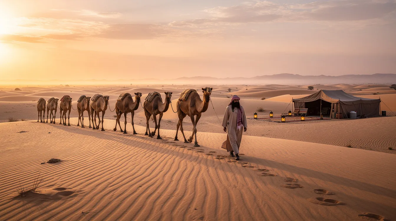 A camel caravan gracefully traverses the golden dunes of the Sahara Desert at sunrise, with a cozy desert camp in the background, showcasing the enchanting landscape of North Africa. This scene captures the essence of adventure and the rich Berber culture, inviting travelers to explore the beauty of Morocco.