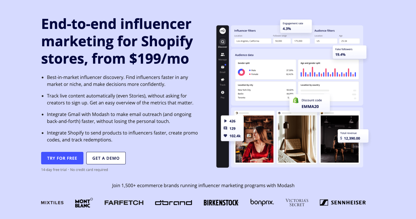 Modash homepage screenshot - Traackr alternatives