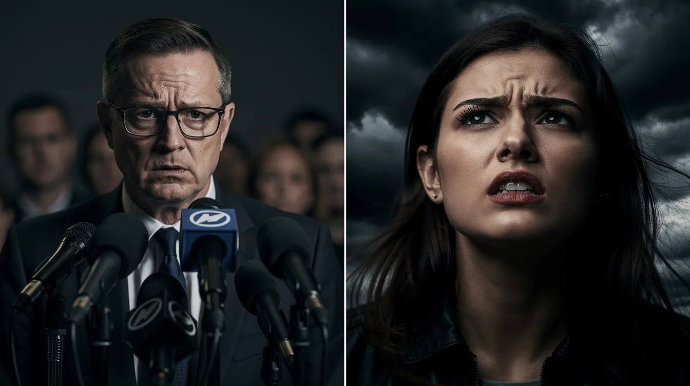Das Bild zeigt zwei Porträts nebeneinander: Auf der linken Seite sieht man einen verunsicherten Mann mittleren Alters mit Brille, der vor Mikrofonen steht, während rechts eine junge Frau mit wütendem Gesichtsausdruck zum dunklen Himmel hinaufblickt. Diese Darstellung könnte an Themen aus dem Netflix-Film "Don't Look Up" erinnern, in dem Wissenschaft und menschliche Reaktionen auf Gefahr thematisiert werden.