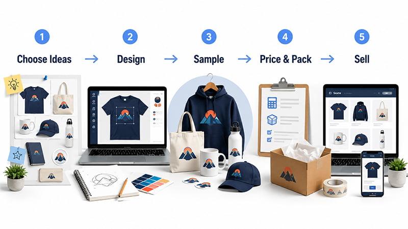 Merch production process from choosing ideas and design to sampling, pricing, packing, and selling.