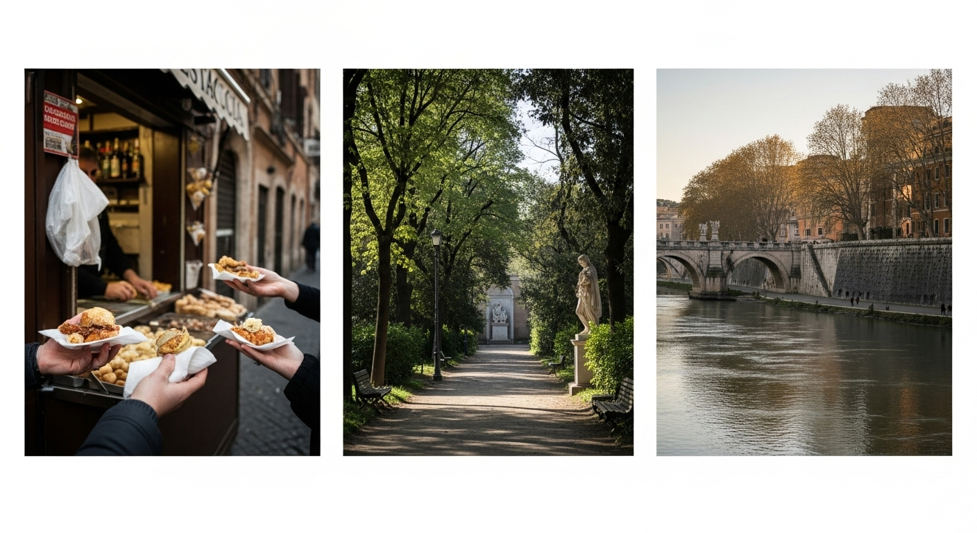 A three-panel collage showing local life in Testaccio, a quiet path in Villa Borghese, and a calm riverside view near Tiber Island, highlighting Rome’s lesser-known corners.