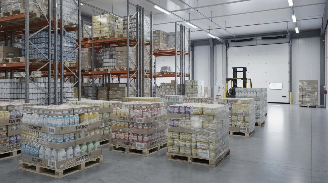 The image depicts the interior of a warehouse filled with pallets of packaged dairy products, including UHT milk and milk powder, ready for distribution. The organized layout showcases the efficiency of the milk processing plant, emphasizing the operational aspects of the dairy industry and the importance of aseptic packaging for long shelf life.
