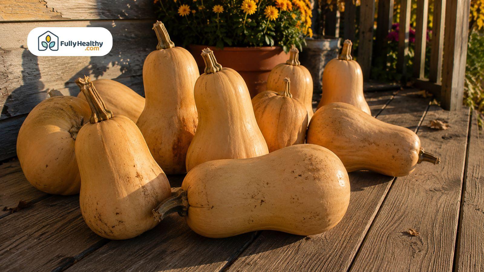 Cured butternut squash resting on wooden porch during warm autumn afternoon sunlight