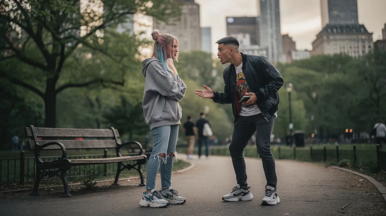 A young couple is arguing in a NYC park, showcasing the signs of a toxic relationship as their emotions escalate. The scene highlights the harmful behaviors and lack of communication skills that can strain interpersonal connections and emotional well-being.