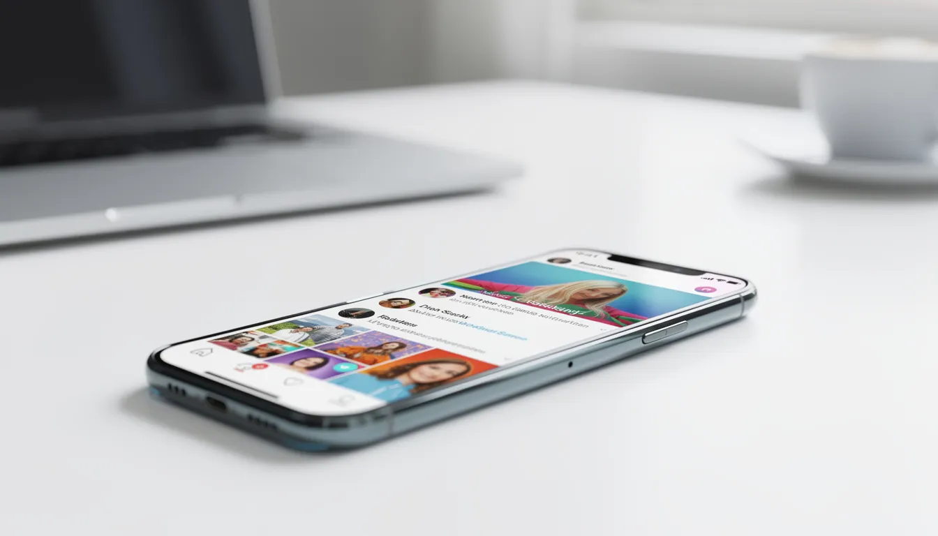 Ein Smartphone zeigt eine App für soziale Medien, auf der verschiedene Beiträge und Bilder von Nutzern angezeigt werden. Die Darstellung verdeutlicht den Einfluss von Anglizismen und Denglisch auf die deutsche Sprache im Alltag.