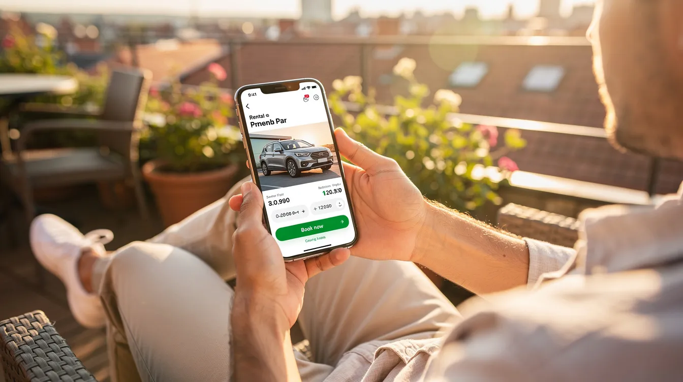 Een persoon zit op een zonnig terras en gebruikt een smartphone om een huurauto te reserveren. De autoverhuur software biedt een overzichtelijke interface voor het boeken van voertuigen en het beheren van reserveringen, waardoor de administratieve rompslomp aanzienlijk wordt verminderd.
