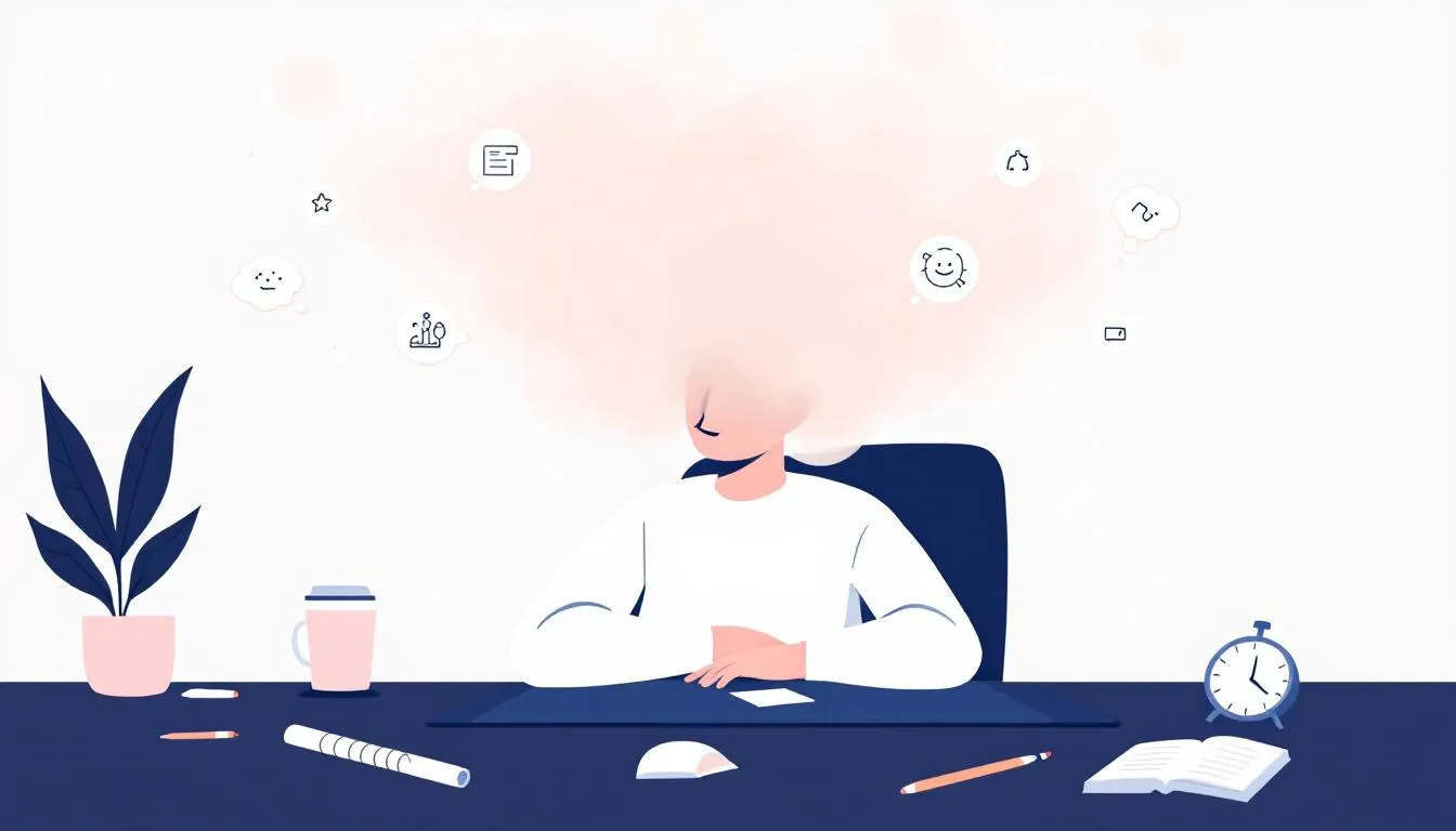 An illustration showing signs of mental fatigue such as brain fog and difficulty concentrating.