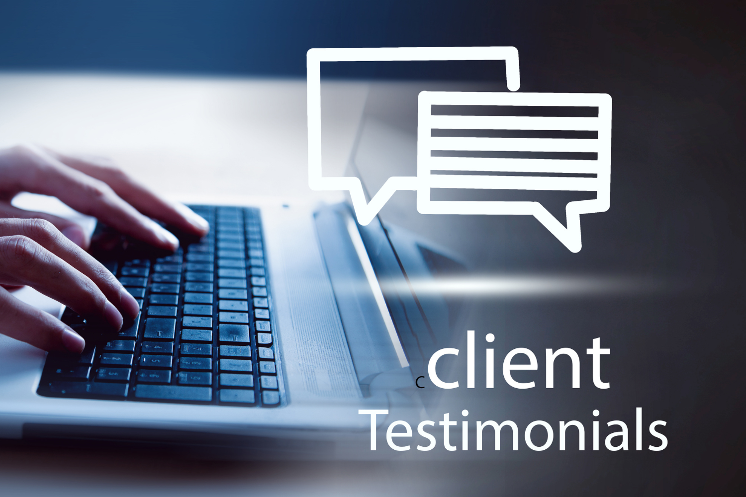 A person's hands using a laptop, reading client's testimonials.