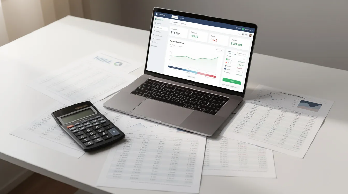 The image depicts a desk cluttered with financial spreadsheets, a calculator, and a laptop displaying a banking application, symbolizing the careful management of fiduciary responsibilities in business relationships. This setup highlights the importance of making informed business decisions to avoid breach of fiduciary duty and ensure the best interests of clients and stakeholders are upheld.