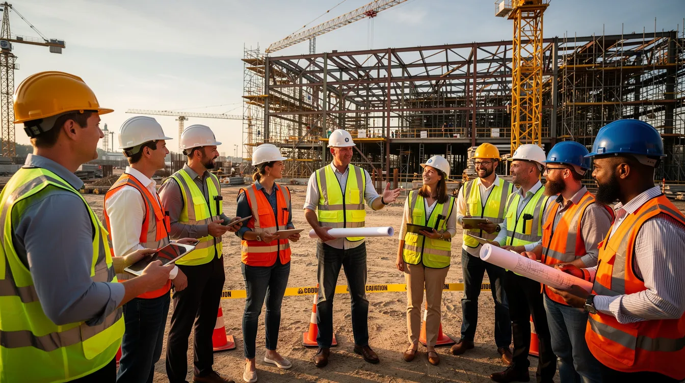 A diverse group of construction professionals, wearing safety vests, is engaged in a team meeting at a job site, discussing various aspects of construction projects. This collaborative environment highlights the importance of teamwork and communication in the construction industry, showcasing the rewarding career paths available in skilled trades.