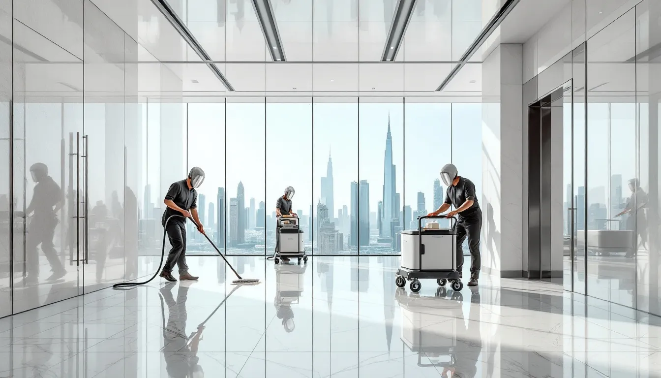 An office space in Dubai being cleaned by professional cleaners.